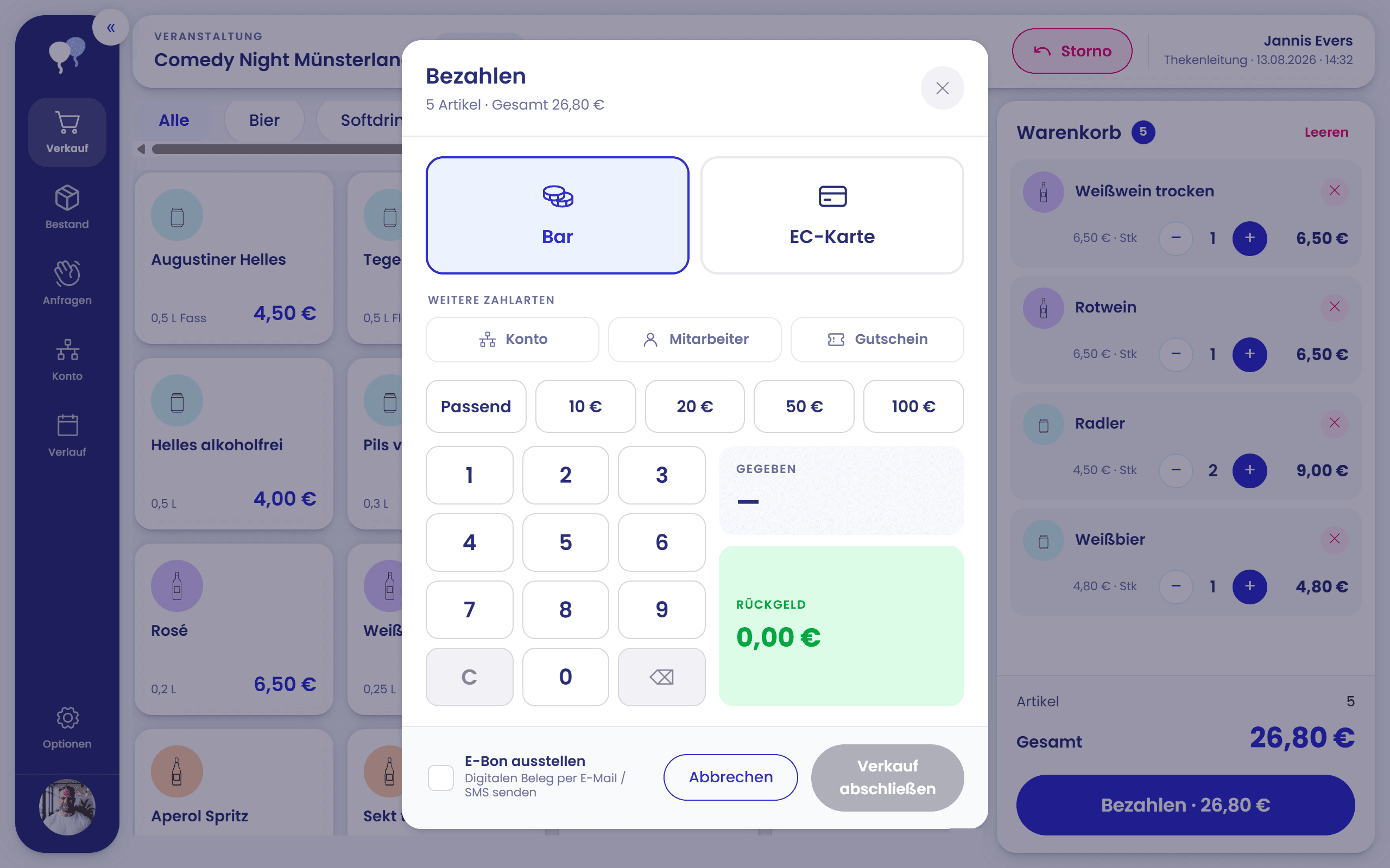 Smart POS von palooza: Intuitive Kassenoberfläche – Screenshot der Benutzeroberfläche