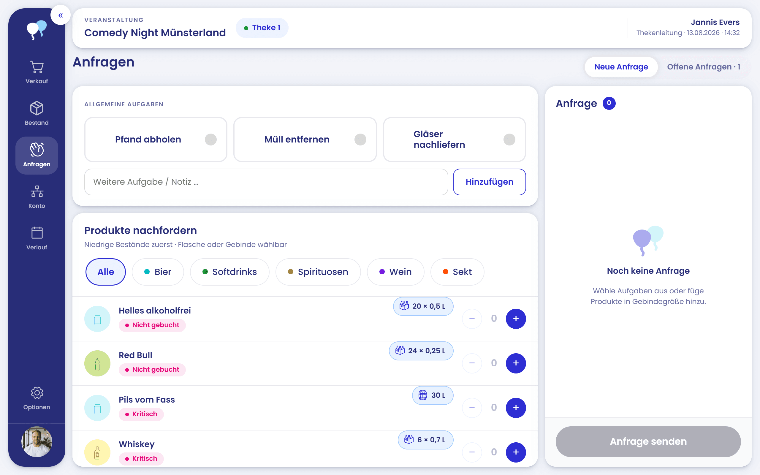 Smart POS von palooza: Nachbestellungen für Theken – Screenshot der Benutzeroberfläche