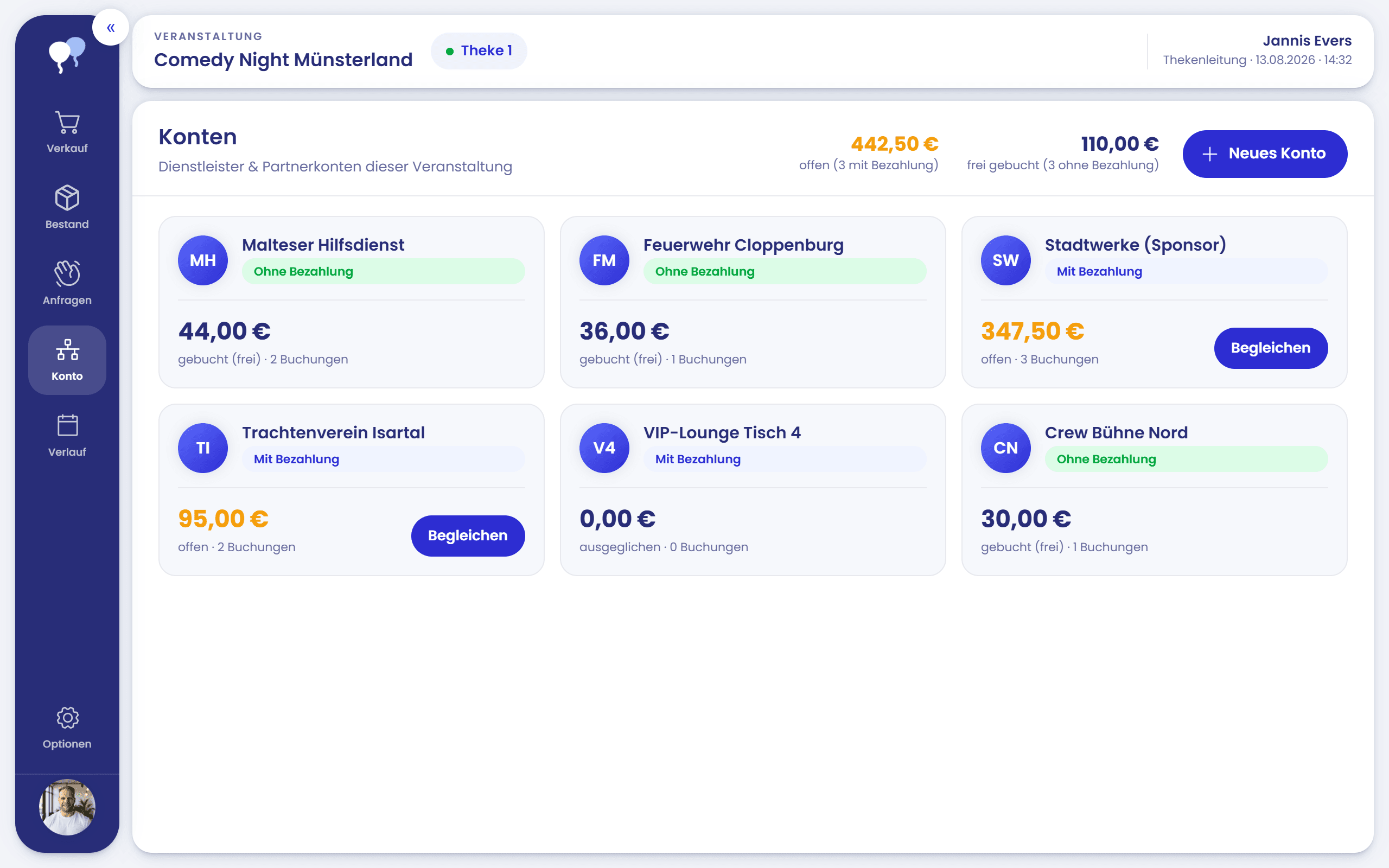 Smart POS von palooza: Konten für Beteiligte – Screenshot der Benutzeroberfläche