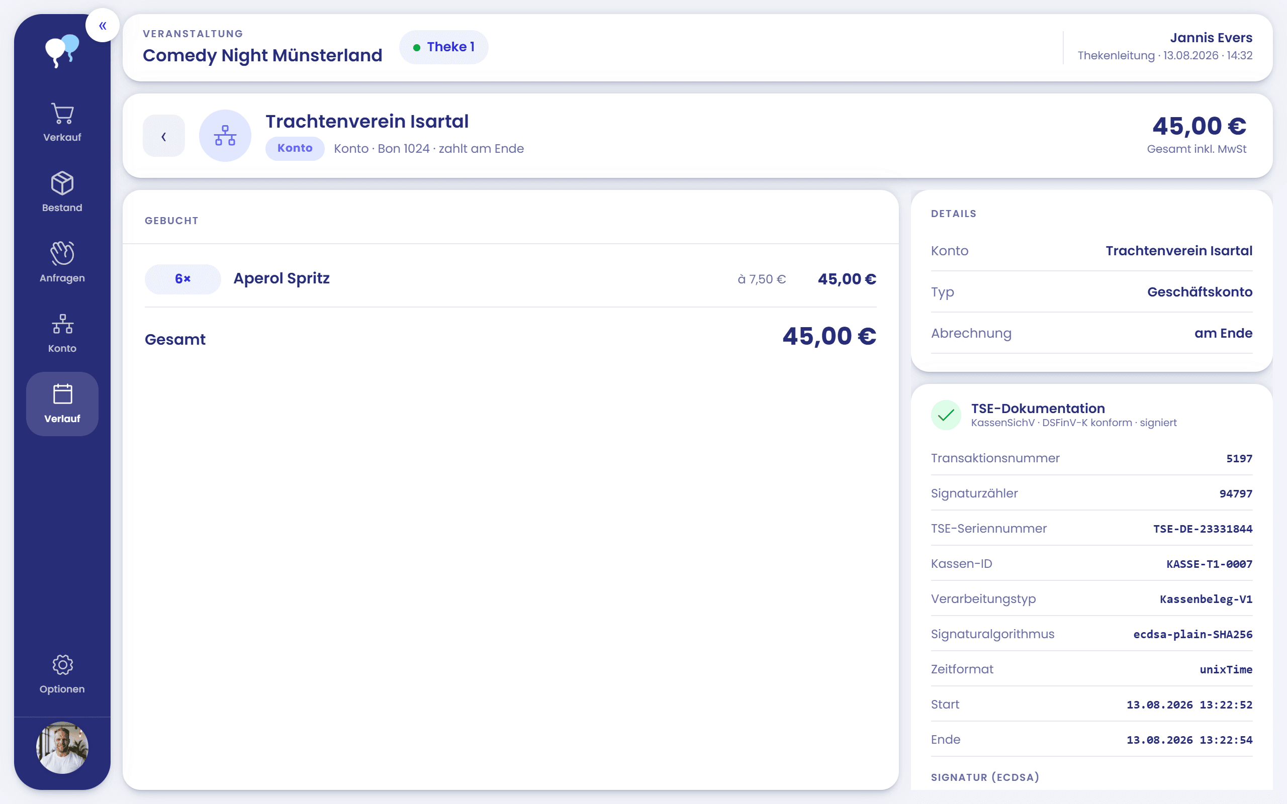 Smart POS von palooza: Rechtssicher – Screenshot der Benutzeroberfläche