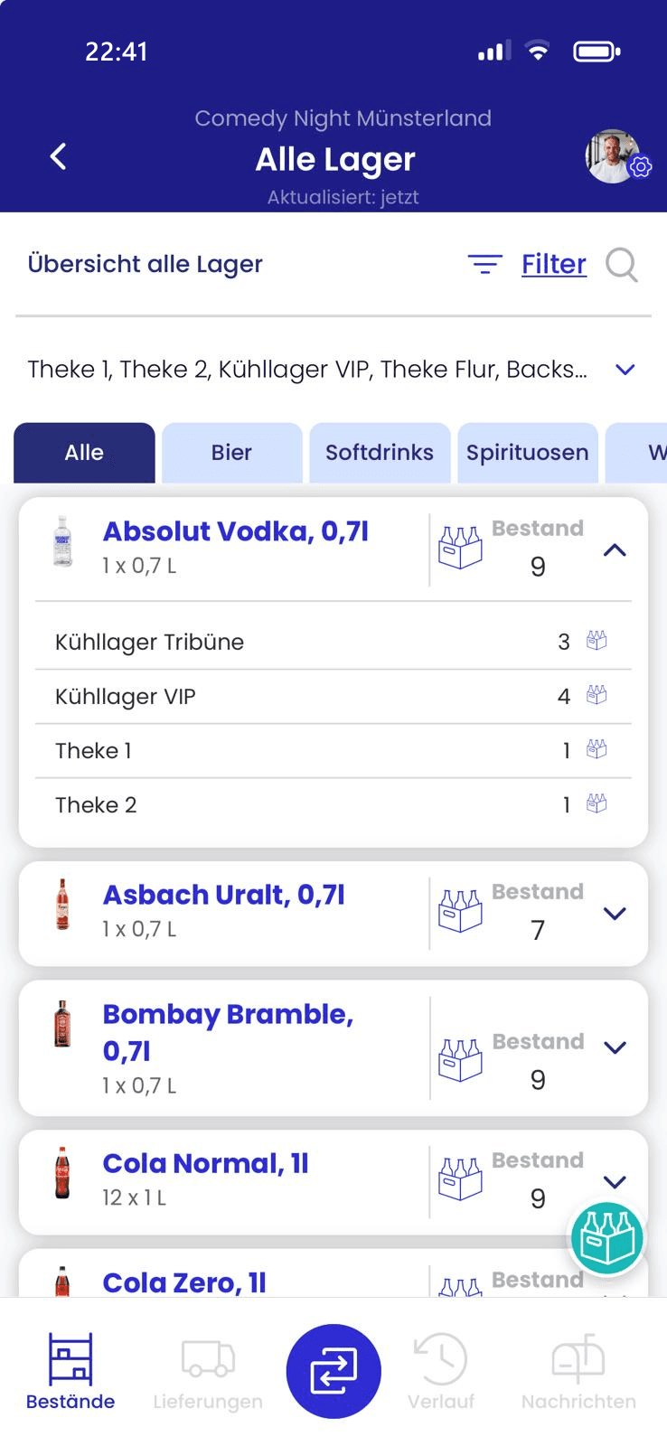 Die App von palooza: Bestandsübersicht – Screenshot der Benutzeroberfläche