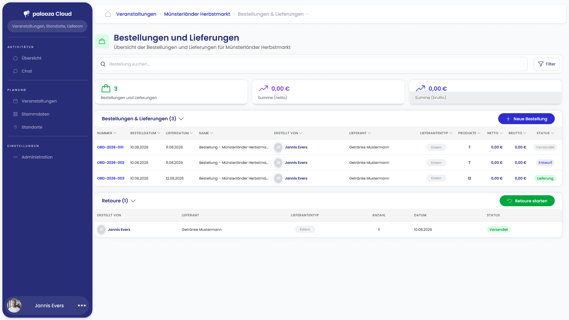 Das Cockpit von palooza: Bestellung – Screenshot der Benutzeroberfläche