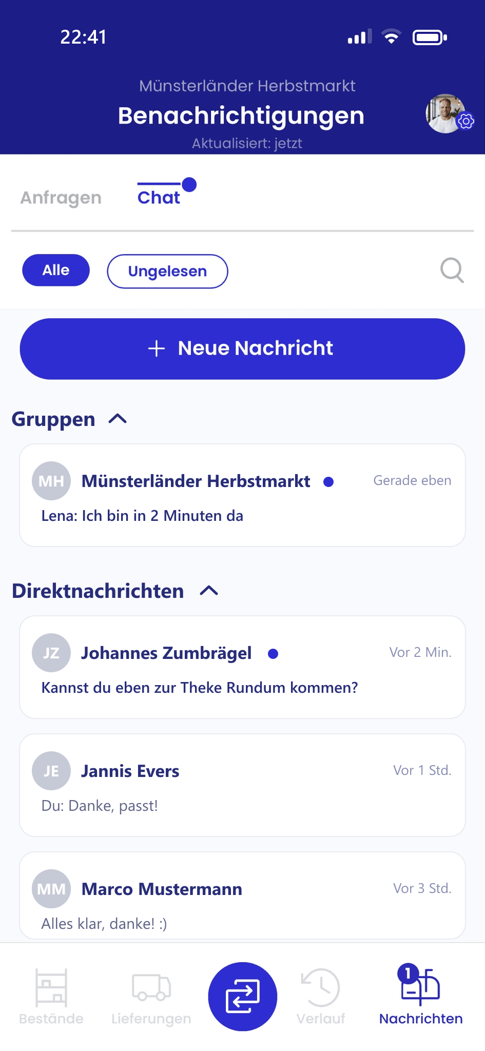 Die App von palooza: Chat – Screenshot der Benutzeroberfläche