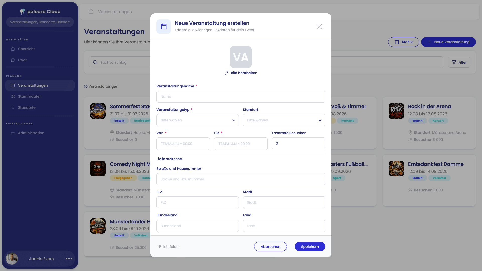 Das Cockpit von palooza: Eventplanung – Screenshot der Benutzeroberfläche