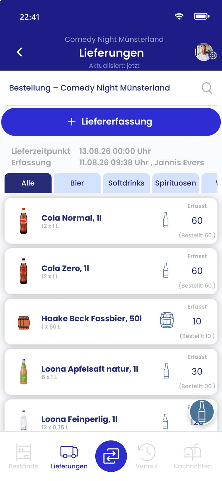 Die App von palooza: Lieferungen erfassen – Screenshot der Benutzeroberfläche