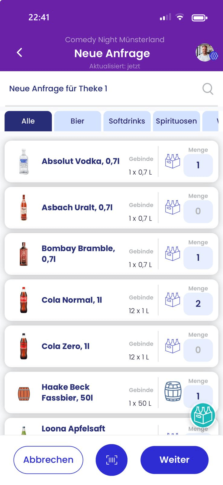 Die App von palooza: Schnelle Nachbestellung – Screenshot der Benutzeroberfläche