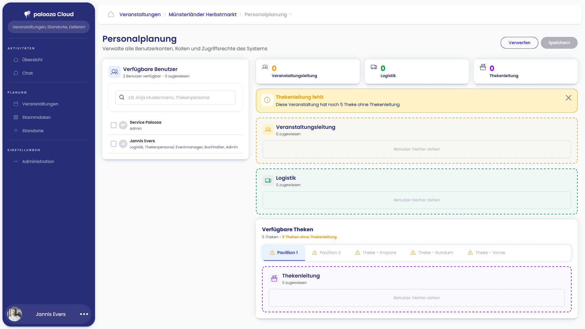 Das Cockpit von palooza: Personalplanung – Screenshot der Benutzeroberfläche