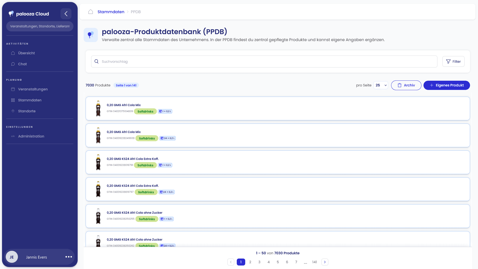 Das Cockpit von palooza: palooza-Produktdatenbank (PPDB) – Screenshot der Benutzeroberfläche